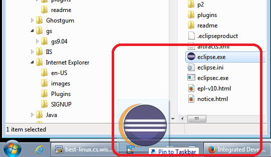 Pin Eclipse.exe to the taskbar
