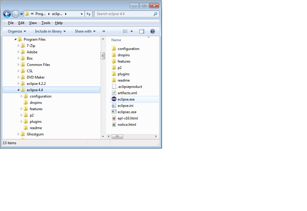 Windows Explorer window with <tt>Eclipse.exe</tt> highlighted