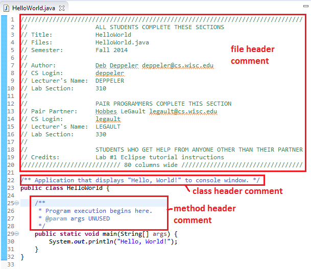 File header comment, then class header comment, then start of class construct, then method header comment, then method, then end of method, then end of class.