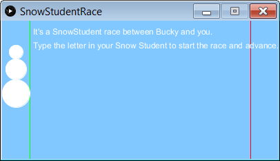 Course showing instructions, start and finish lines, and Bucky at (20.0)