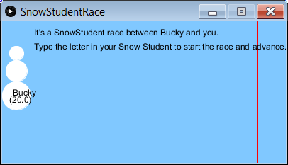 Course showing instructions, start and finish lines, and Bucky with name at (20.0)