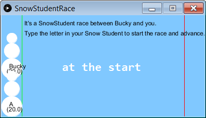 Bucky and the player are both at starting line (x=20).