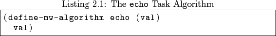 \begin{lisp}[caption=The \texttt{echo} Task Algorithm]
(define-mw-algorithm echo (val)
val)
\end{lisp}