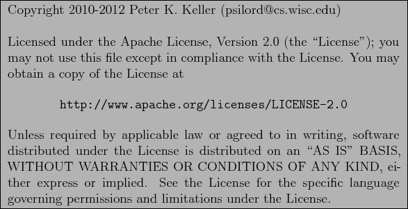 \framebox[5.1in][l]{
\begin{minipage}[t]{4.9in}
Copyright 2010-2012 Peter K. Kel...
...anguage governing
permissions and limitations under the License.
\end{minipage}}