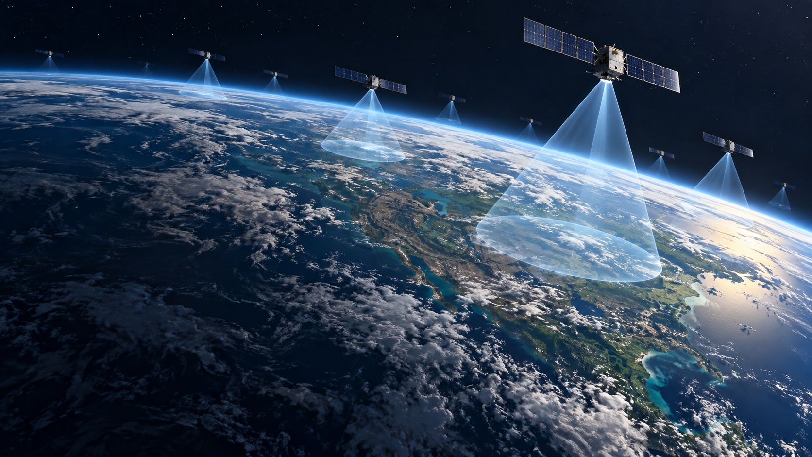 Conceptual illustration of a LEO satellite constellation above Earth with translucent coverage beams directed toward the ground