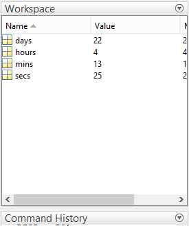 The workspace window shows the values of variables assigned.