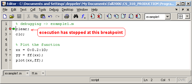 execution stopped at breakpoint