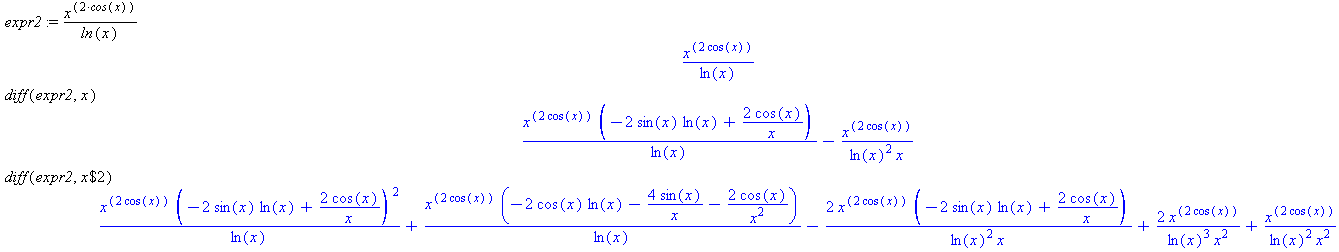 first and second derivative of x raised to the quantity two times cos x over natural log of x