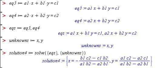 solution shows complex symbolic expressions for x and y