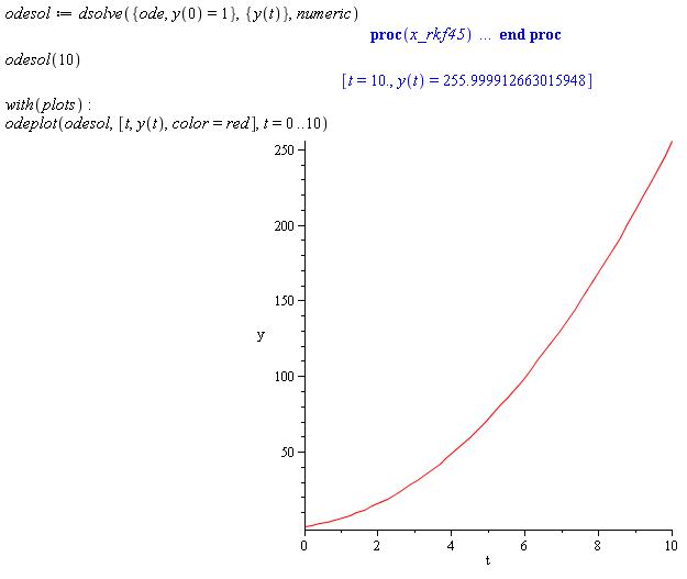 Enter ode, use dsolve with initial conditions, odeplot the solution