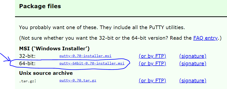 64-bit version of putty is circled
