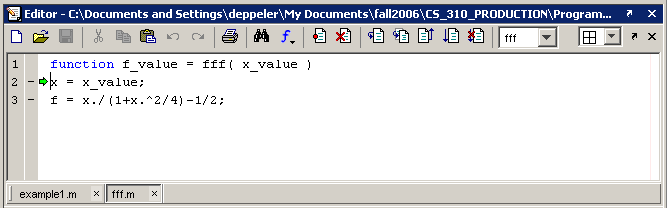 execution error at start of function fff.m 