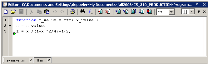 execution arrow pointing down at end of the function fff.m 