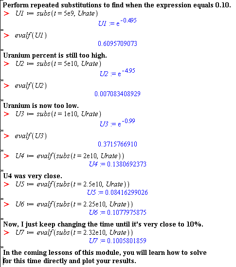 Several subs and evalf to find t=2.32e10 for Uranium at 10 percent