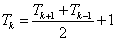 Tk equals the quantity (T(k+1) + T(k-1)) over 2 plus 1