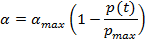 a = amax*(1 - p(t)/pmax)