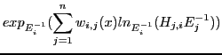 $\displaystyle exp_{E_i^{-1} }(\displaystyle{\sum^n_{j=1} w_{i,j}(x) ln_{E_i^{-1} }(H_{j,i} E_j^{-1})})$