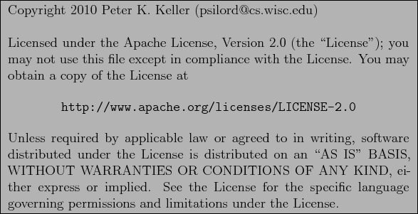 \framebox[5.1in][l]{
\begin{minipage}[t]{4.9in}
Copyright 2010 Peter K. Keller (...
...anguage governing
permissions and limitations under the License.
\end{minipage}}