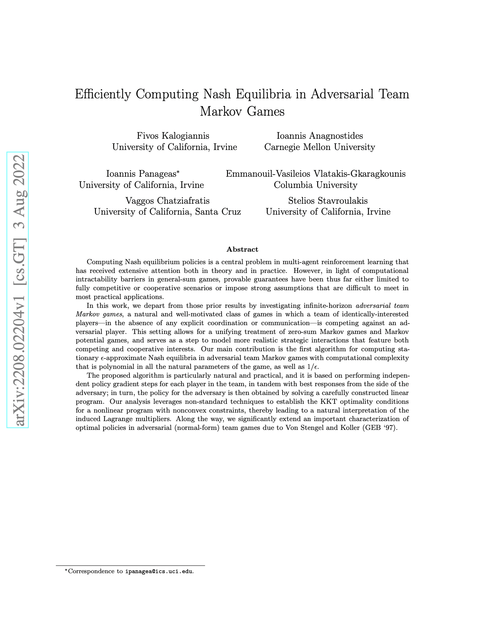 Efficiently Computing Nash Equilibria in Adversarial Team Markov Games