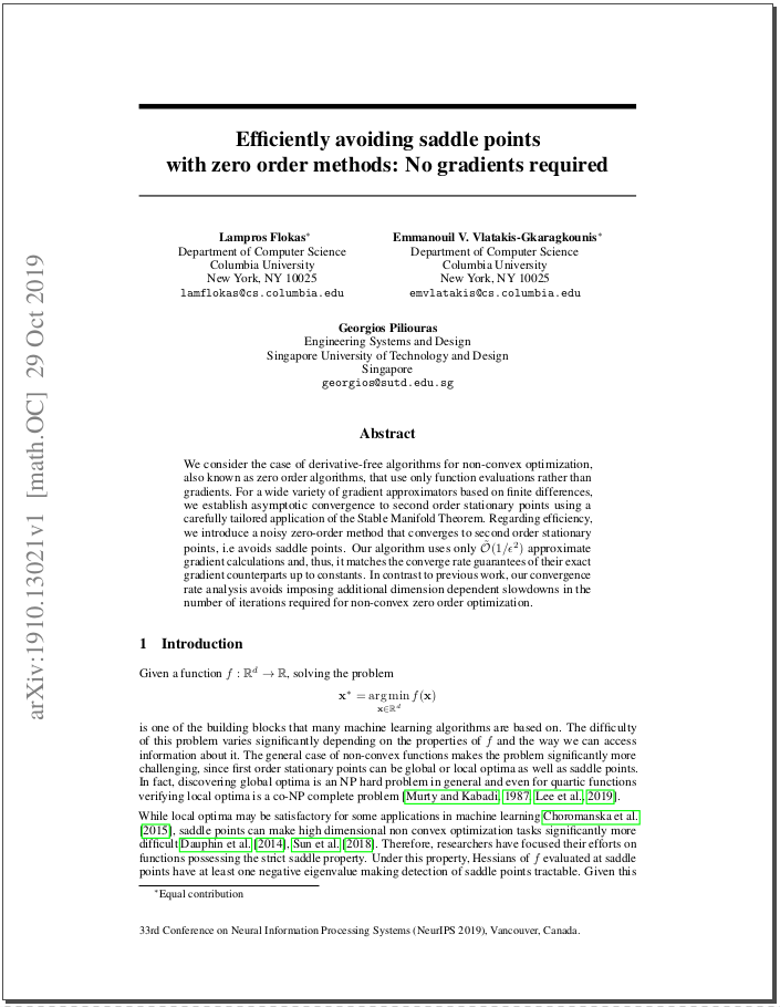 Efficiently avoiding saddle points with zero order methods: No gradients required