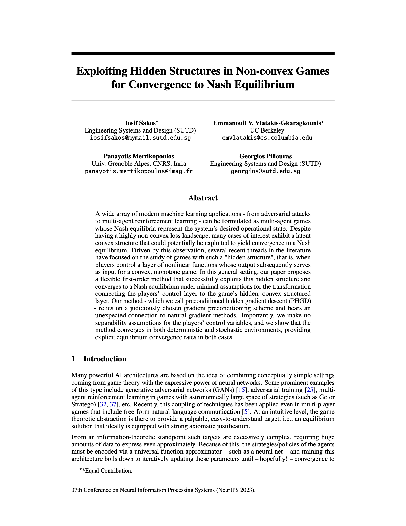 Exploiting Hidden Structures in Non-convex Games for Convergence to Nash Equilibrium