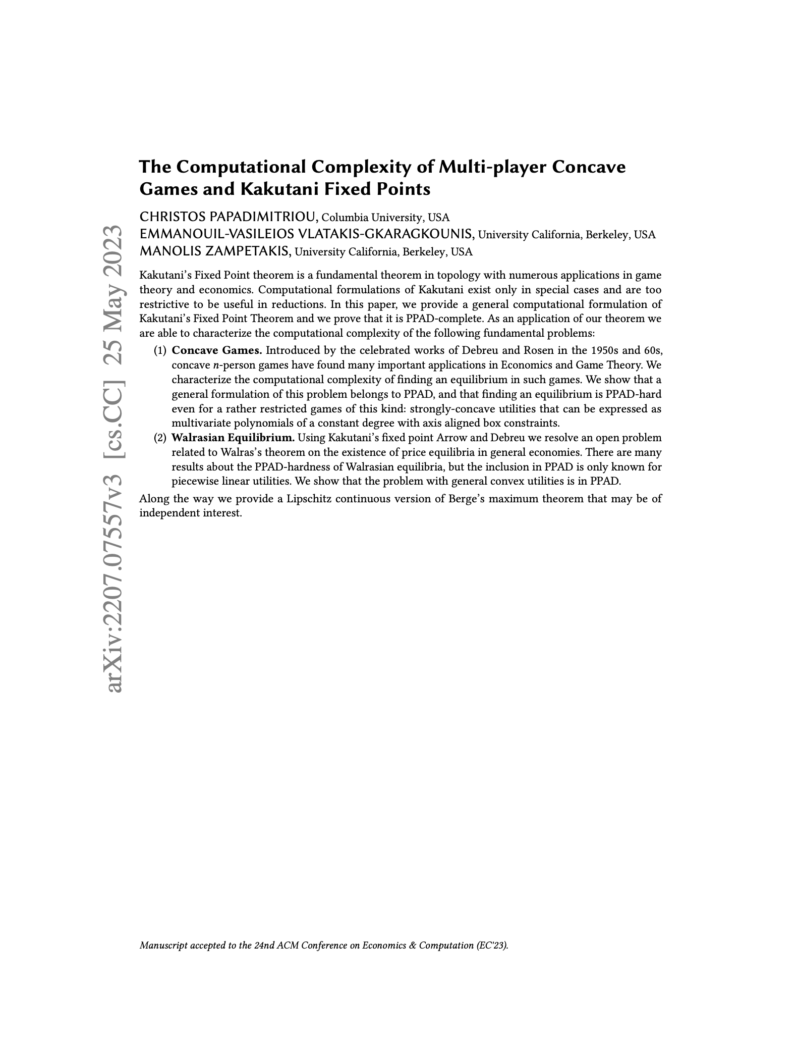 The Computational Complexity of Multi-player Concave Games and Kakutani Fixed Points